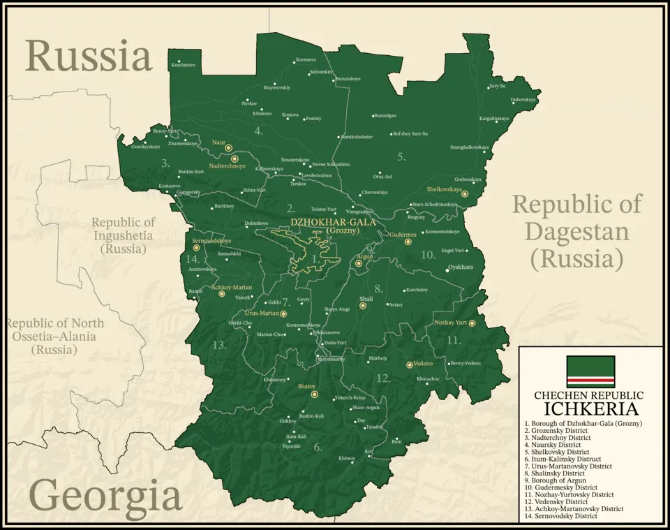 A map of the Chechen Republic of Ichkeria